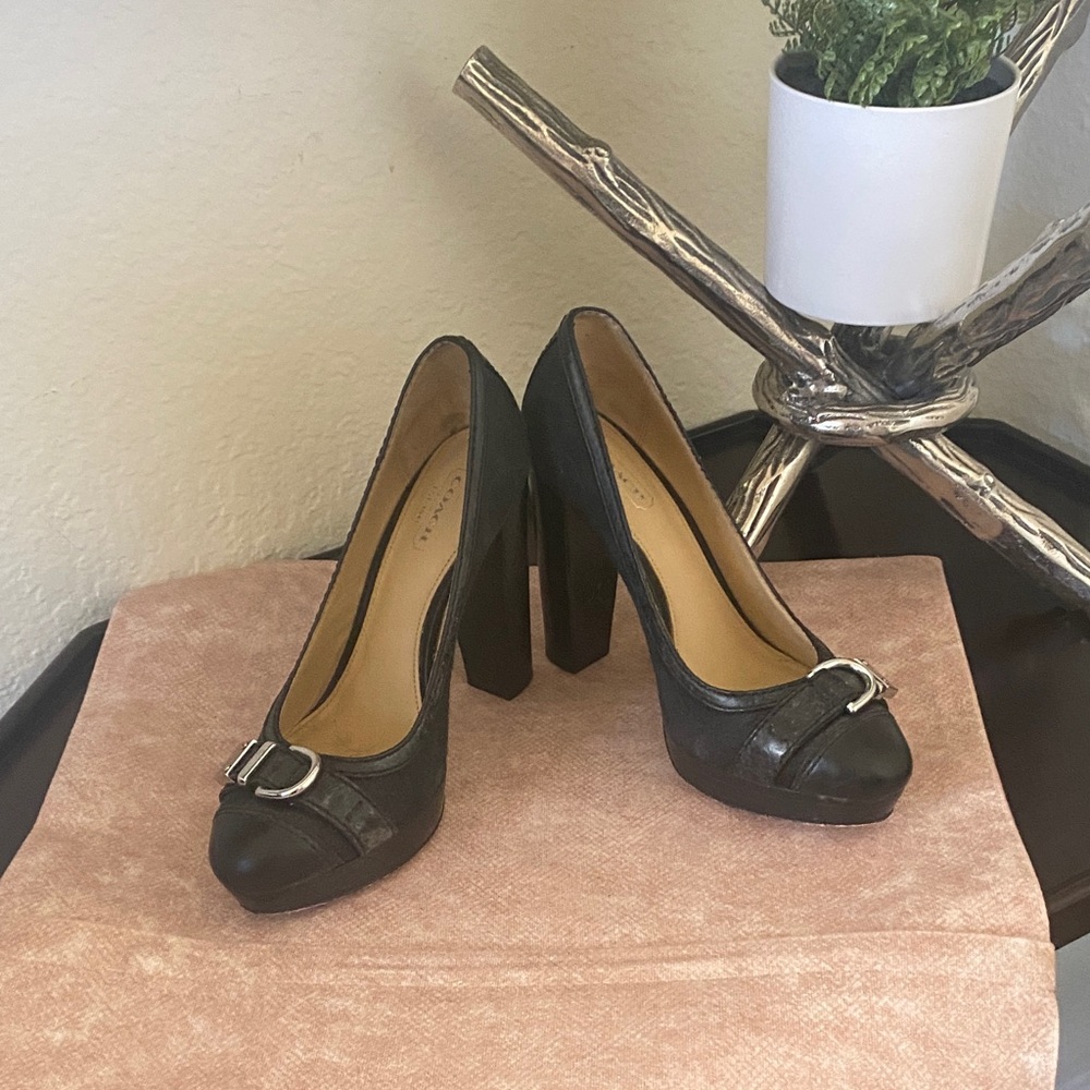 Coach Black Leather Heels with Buckle Detail